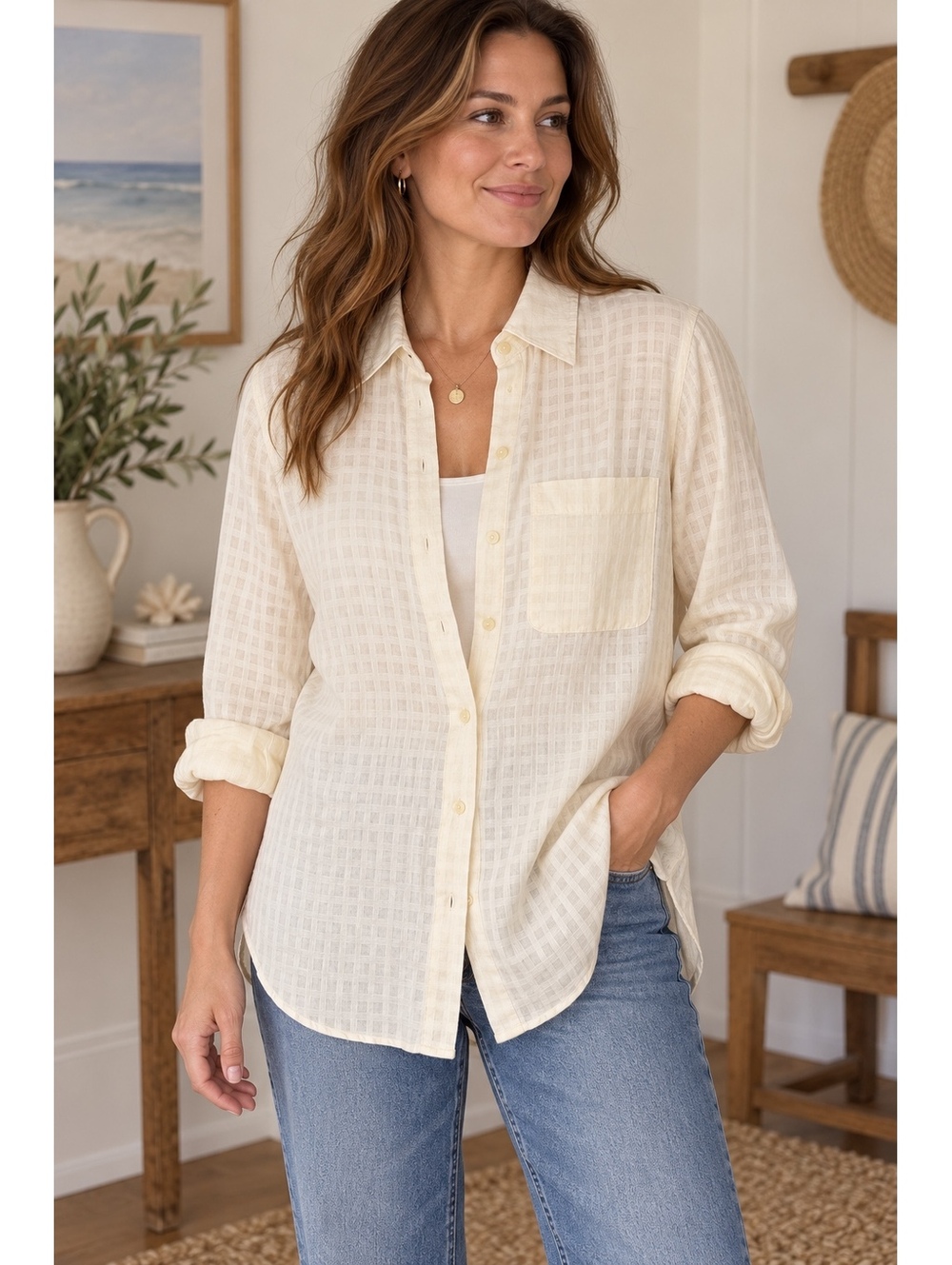 Vintage Linen Button Up Shirt Liz Claiborne Lizsport Ivory Oversized Medium